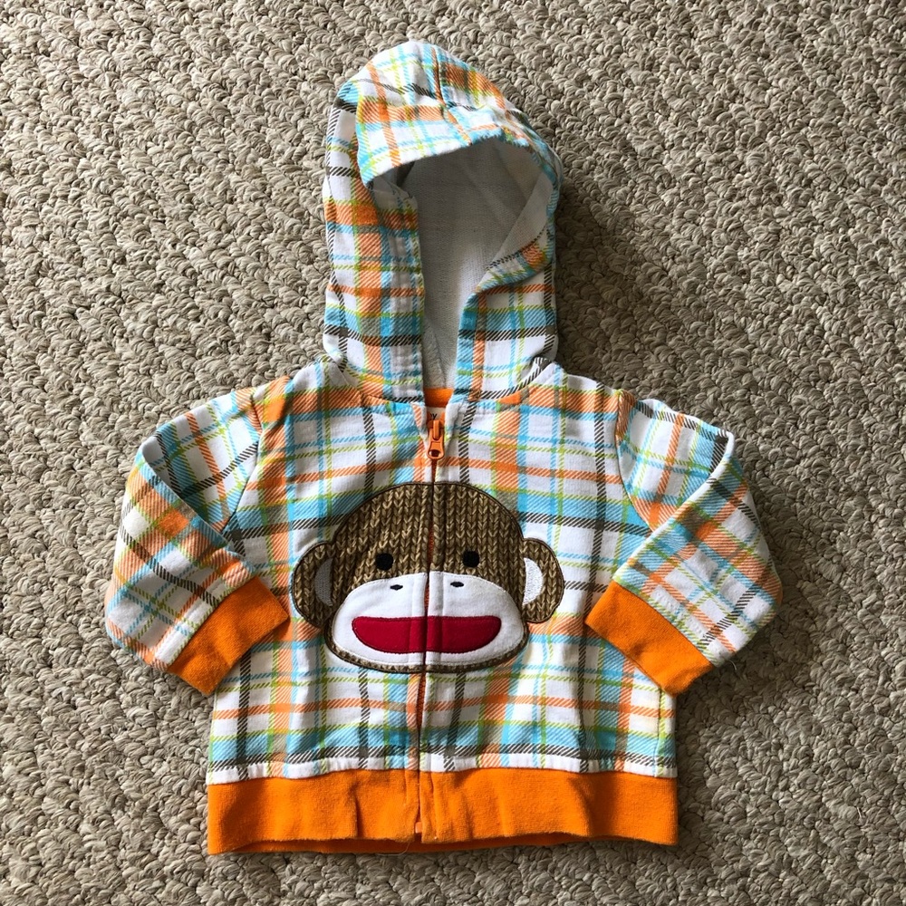 ❤️ 4/$20 Baby Boy Sock Monkey Hooded Plaid Zip-Up